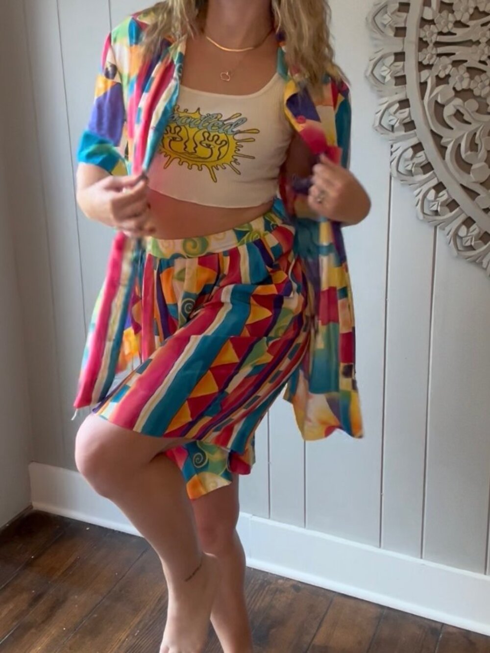 VINTAGE Nebula Geometric Shorts Set Bright Abstract Colorblock Retro 10 USA